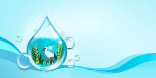蓝色环保节约用水水滴植物仙鹤线条环保节约用水展板背景